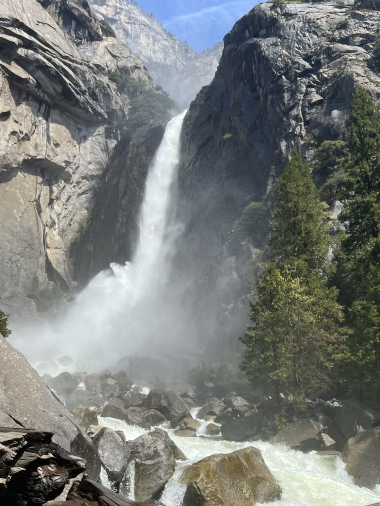 Close up view of Lower Yosemite Fall from trail