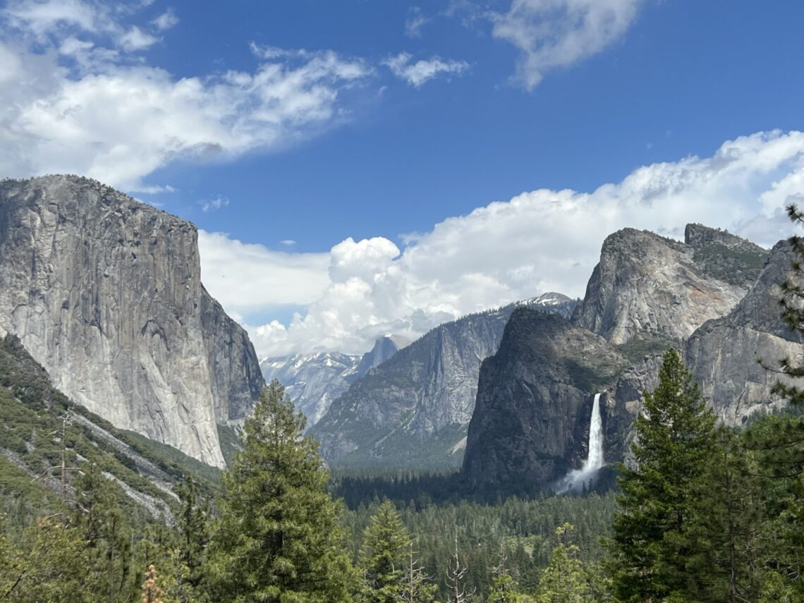 Mountains and waterfall seen from Tunnel View at Yosemite National Park